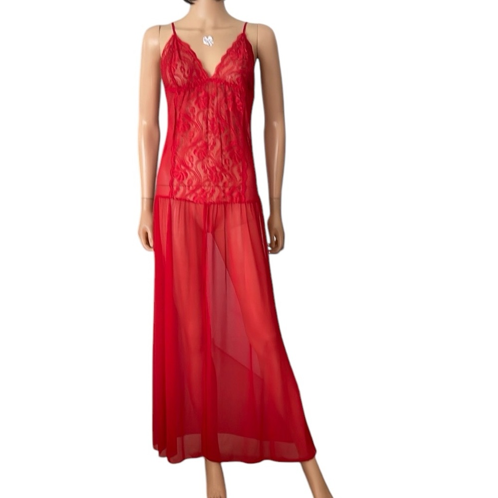 NWOT Vintage Red Lace Long Chemise Gown Open Flowing Skirt Size XL